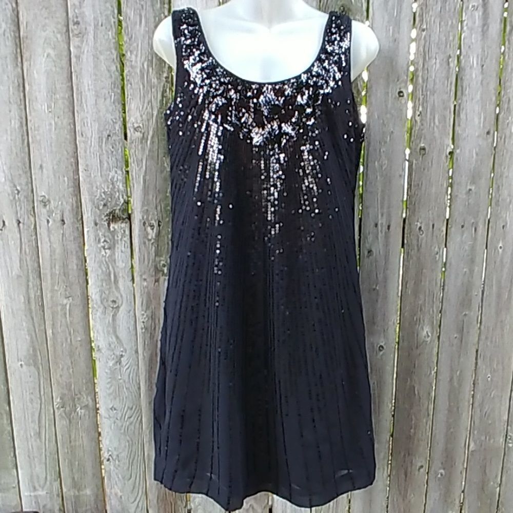 Sleeveless Black Sequin Shift Party Dress WHBM